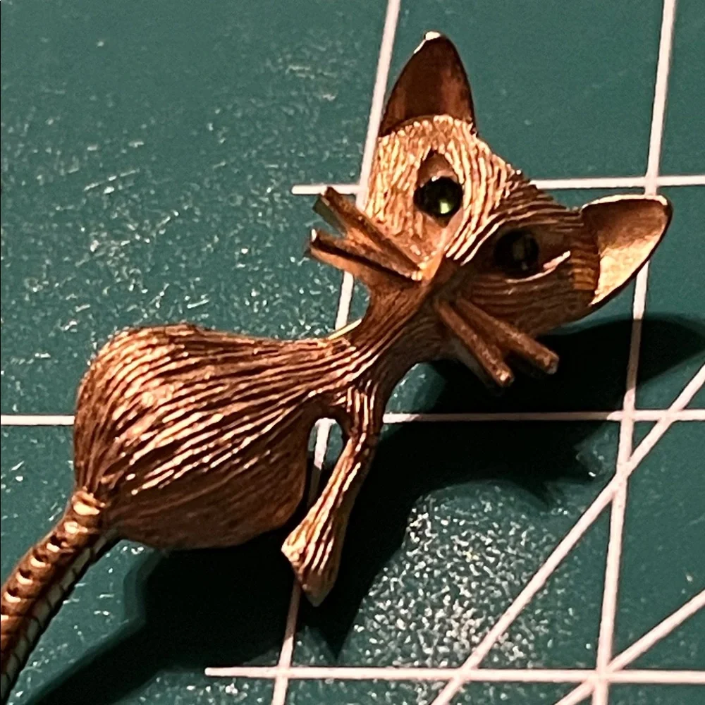 Vintage gold tone, cat and mouse, brooch, duo, brush, gold rhinestone eyes